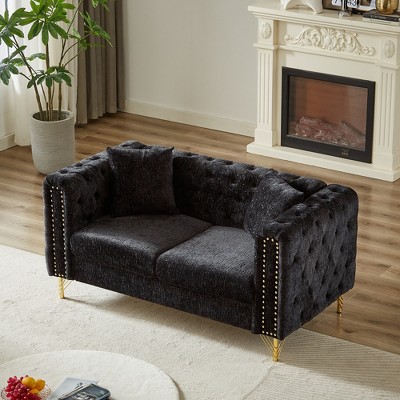 60-Inch Chenille Pull Buckle Chesterfield Sofa, Modern Tufted Couch with Copper Nail Armrests for Living Room, Bedroom