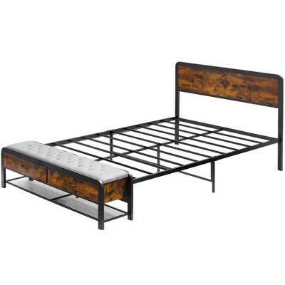 Bed Frame with Headboard and Storage Ottoman, Modern Farmhouse Platform Bed Frame with Sturdy Metal Slats, Noise Free