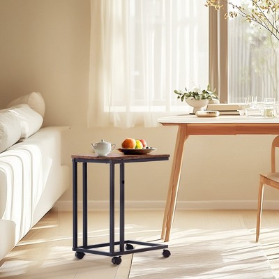 FurnitureR End Table C Shaped, Snack Side Table with Rolling Wheels for Sofa Couch and Bed, Portable, Easy Assembly, Metal Frame, Rustic Brown