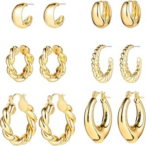 Gold Chunky Hoop Earrings Set for Women, 14K Gold Plated Twisted Huggie Hoop Earring, Thick Open Hoops Set Lightweight - 1 of 4