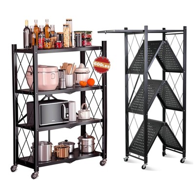 SKONYON 4-Tier Foldable Metal Shelving Unit with Wheels - Black
