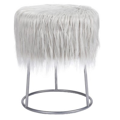 BirdRock Home Round Grey Faux Fur Foot Stool Storage Ottoman with Silver Legs