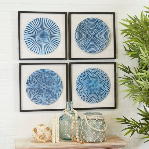 Wood Starburst Radial Plates Framed Wall Art with Black Frame Set of 4 Blue  - Olivia & May