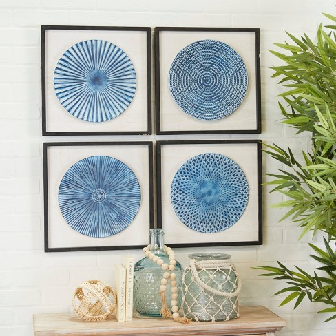 Wood Starburst Radial Plates Framed Wall Art With Black Frame Set