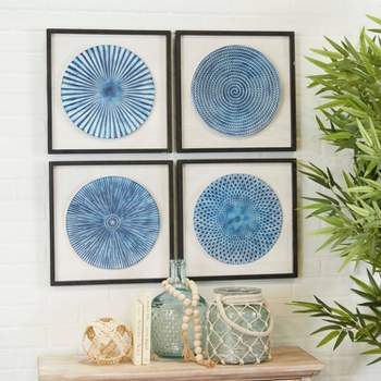 Wood Starburst Radial Plates Framed Wall Art with Black Frame Set of 4 Blue - Olivia & May