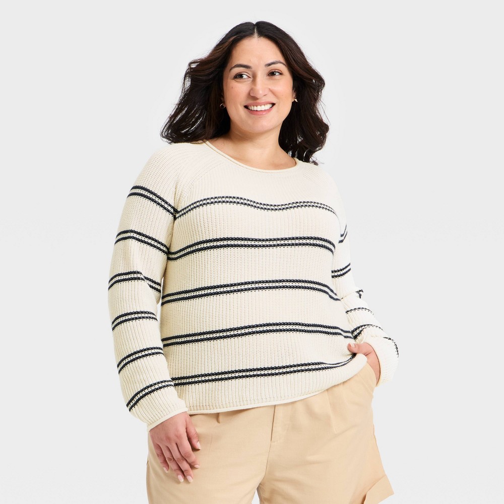 Women's Knit Pullover Sweater - A New Day™ Cream/Navy Striped 2X