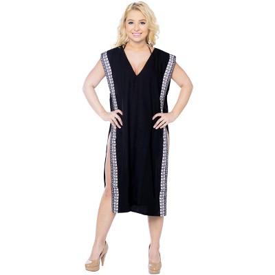 LA LEELA Women's Summer Vacation Beachwear Swim Suit Beach Loose Dress Bathing Suit Cover-up Mini Beach Dress Medium-Large Black, Solid