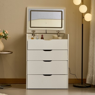 Vanity Desk with Flip Mirror Glass Top LED Light and Drawers for Bedroom Storage 19in-3irtyhousy