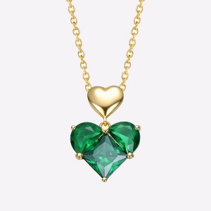 Guili Sterling Silver 14K Gold Plated Necklace with Green Cubic Zirconia Double Heart Pendant for a Romantic and Elegant Touch - 1 of 4