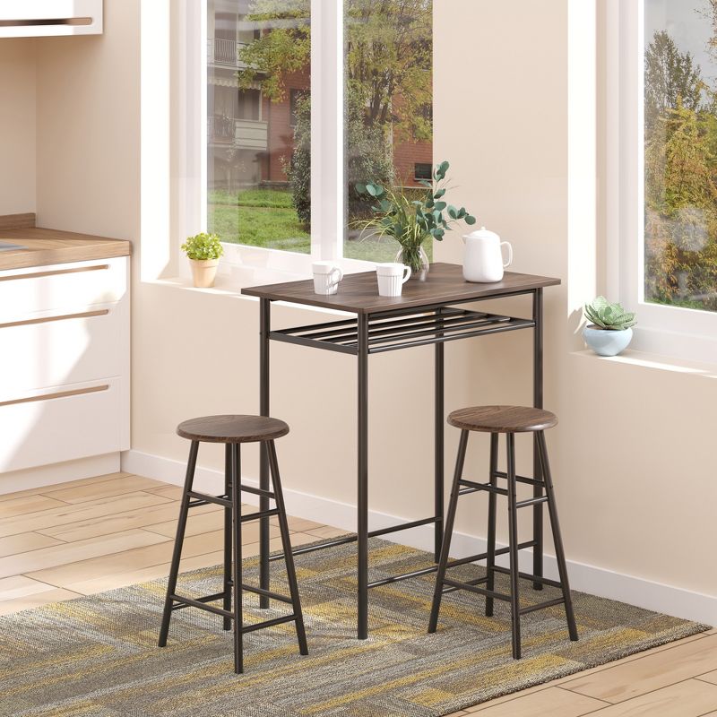 HOMCOM 3 Piece Counter Height Bar Table and Chairs Set, Space Saving Dining Table with 2 Matching Stools, Storage Shelf Metal Frame Footrest, 3 of 9