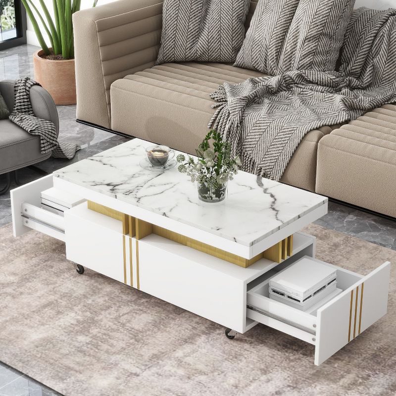 Contemporary Design Rectangle Coffee Table with Faux Marble Top, Cocktail Table with Caster Wheels - The Pop Home, 2 of 9