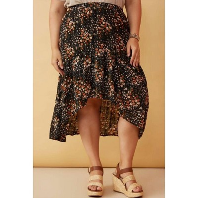Women's Textured Floral Print Asymmetric Midi Skirt - Plus - Hayden LA