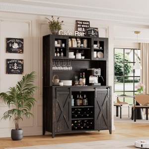 Garvee 70" Wine Coffee Bar Cabinet with Storage Hutch, Kitchen Pantry Liquor Cabinet with Sliding Barn Doors, Bottle Glasses Rack, Farmhouse Buffet - 1 of 4