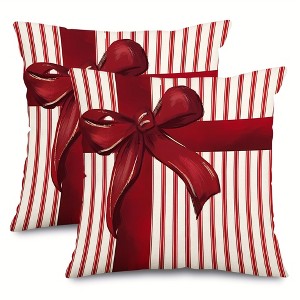 Lomsoe 2-Pack Contemporary Merry Christmas Joy Stripes Gift Box Red Bow Throw Pillow Covers, Short Plush Pillow Cover. - 1 of 4
