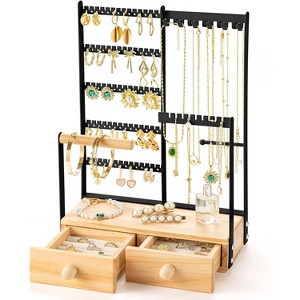 4-Tier Jewelry Organizer Stand with 15 Hooks & 16 Earring Holes, Velvet Ring Holder Display, White - 1 of 4