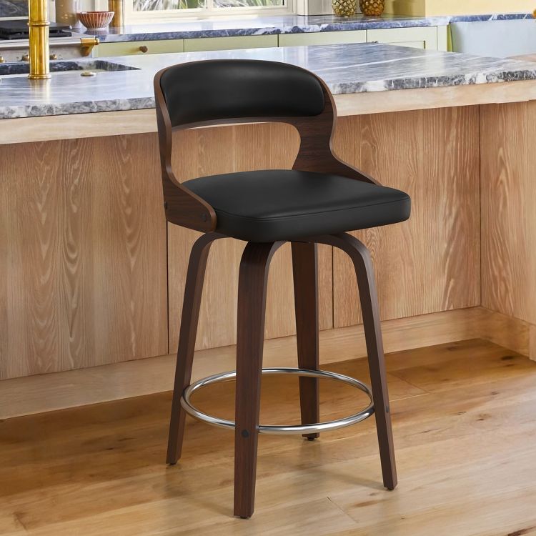 26" Counter Height Bar Stools, Mid Century Bar Stool with Solid Back, Barstools with Walnut Finish and Faux Leather Seat, 360-degree Swivel ，Black, 1 of 4