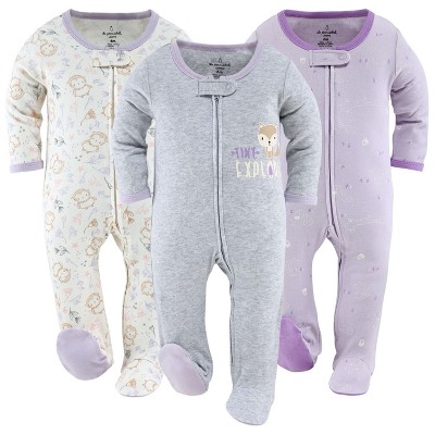 Image of The Peanutshell Footed Baby Sleepers for Girls, Purple Woodland Animals, 6-9 Months