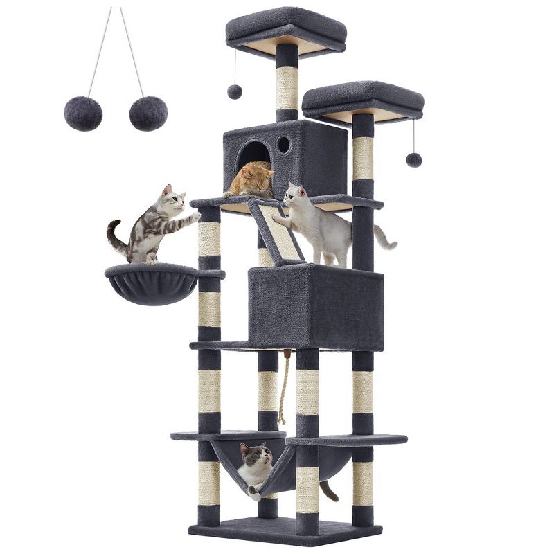 Feandrea Cat Tree, Large Cat Tower with 13 Scratching Posts, 2 Perches, 2 Caves, Basket, Hammock, Pompoms, Cat Condo, 1 of 8