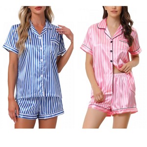 INSPIRE CHIC Women's 4 Pcs Striped Silky Satin Sleepwear Button-Up Shirt & Shorts 2025 Lounge Set - 1 of 4