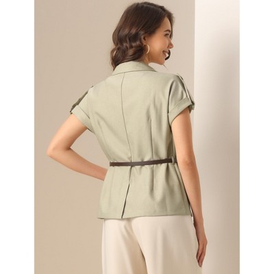 INSPIRE CHIC Women's Summer Short Sleeve Double Breasted Work Blazer with Belt Light Brown Medium — фото 3