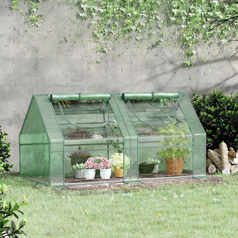 Outsunny 6' x 3' x 3' Portable Greenhouse, Garden Hot House with Two PE/PVC Covers, Steel Frame and 2 Roll Up Windows, Green, 3 of 7