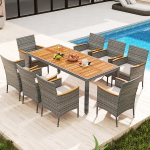 Costway 9 PCS Patio Dining Set for 8 Table and PE Rattan Chairs with 2" Umbrella Hole Navy/White - 1 of 4