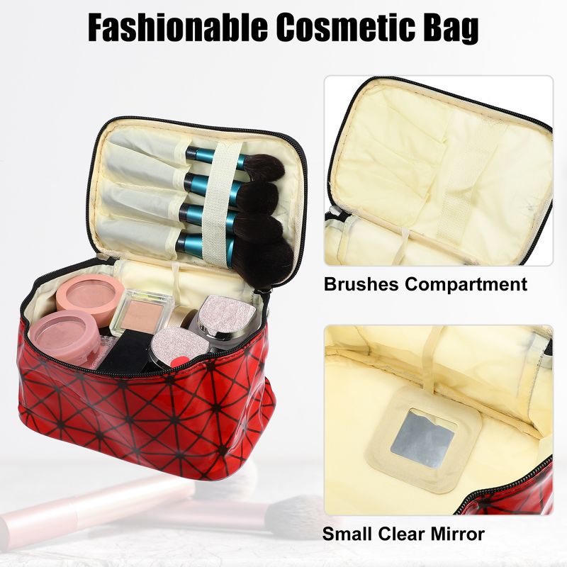Unique Bargains Rhombus Pattern Red Makeup Bag with Mirror Cosmetic Travel Bag for Women 1 Pcs, 2 of 7