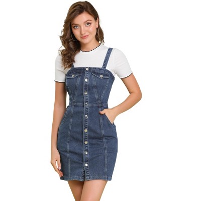 Allegra K Women's Button Front Classic Adjustable Strap Overall Denim Mini Dress