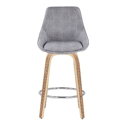 Zebra Wood and Grey Corduroy Swivel Counter Stools, Set of 2