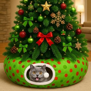 Christmas Tree Cat Donut Tunnels White Xmas Winter Plush Peekaboo Cave Toy Collapsible 3 Way for Small Kitten - 1 of 4