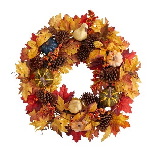 Nearly Natural 26” Fall Pumpkin, Gourd, Pinecone and Maple Leaf Artificial Autumn Wreath - 1 of 4