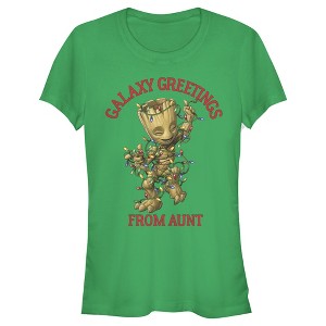 Juniors Womens Marvel Christmas Groot Galaxy Greetings Aunt T-Shirt - 1 of 3