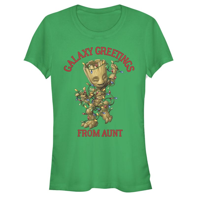 Juniors Womens Marvel Christmas Groot Galaxy Greetings Aunt T-Shirt, 1 of 4