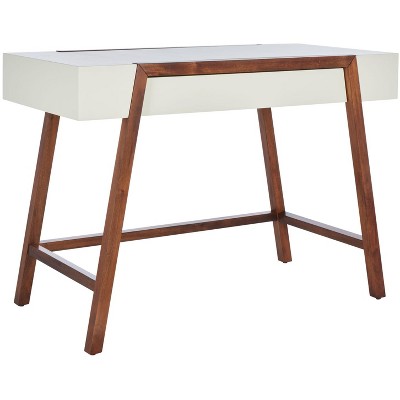 Mid-Century Modern White and Walnut Writing Desk with Drawer