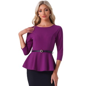 INSPIRE CHIC Women's 3/4 Sleeve Belted Elegant Business Work Peplum Top - 1 of 4
