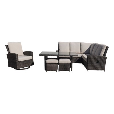 Courtyard Casual Cheshire 7 pc Chow Dining Recline Sectional Set with Swivel Glider and Ottomans