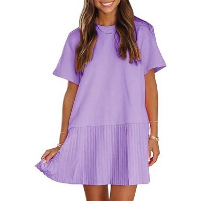 EXLURA Womens Summer Casual Short Sleeve Dress Crewneck Tshirt Dresses Pleated Aline Mini Dress 2025 Vacation Beach Sundress