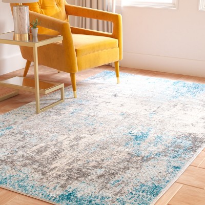 Grey and Blue Abstract Square Washable Area Rug