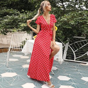 Coolmee Women's Bohemian Floral Printed Wrap V Neck Dress Polka Dots Short Sleeve Split Beach Party Maxi Dres - 1 of 4