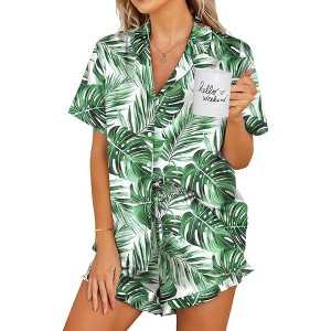Ekouaer Womens Satin Pajamas Set Button Down 2 Piece Silk Pjs Shorts Set Ruffle Lingerie Notch Collar Sleepwear - 1 of 4