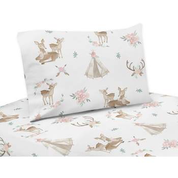 Sweet Jojo Designs Kids Twin Sheet Set Deer Floral Taupe Pink and Grey 3pc