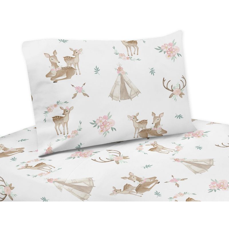 Sweet Jojo Designs Kids Twin Sheet Set Deer Floral Taupe Pink and Grey 3pc, 1 of 5