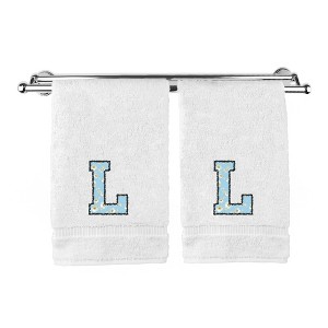 BC BARE COTTON Monogrammed Hand Towels, Personalized Gift, Set of 2 - Embroidered Writing with Light Blue - 1 of 4
