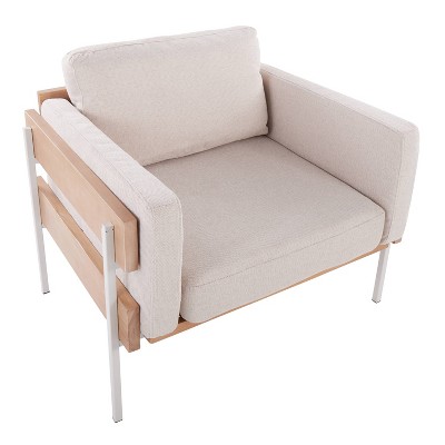 Cream Faux Leather and Metal Accent Chair with Natural Wood Frame