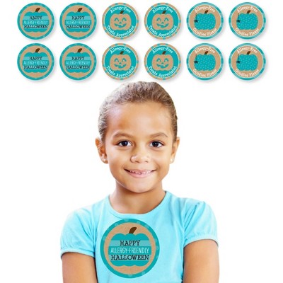 Big Dot of Happiness Teal Pumpkin - Halloween Allergy Friendly Trick or Trinket Name Tags - Party Badges Sticker Set of 12