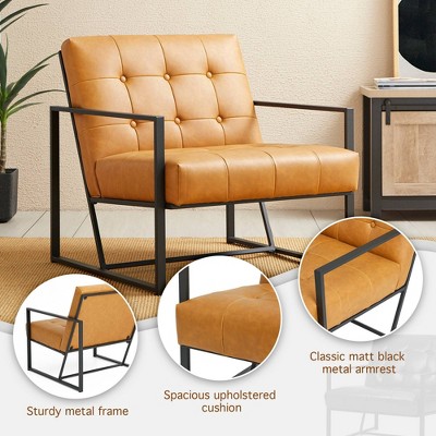 Mid-Century Modern Camel Faux Leather Metal Accent Chair