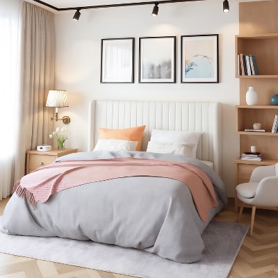 Velvet Upholstered Bed with Wingback Headboard, No Box Spring Needed