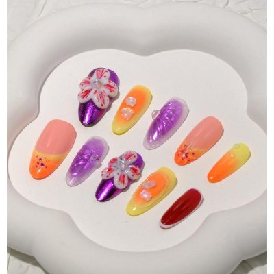 Hachikiko Floral Fantasy Rainbow Press-On Nails - Luxurious 3D Flower Decorated False Nails with Vibrant Colors