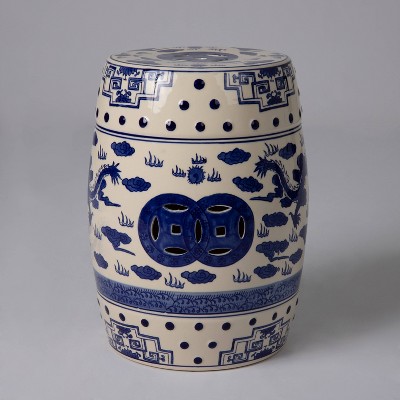 Double Medallion Dragon Embellished Ceramic Garden Stool - Blue/White - Balkene Home