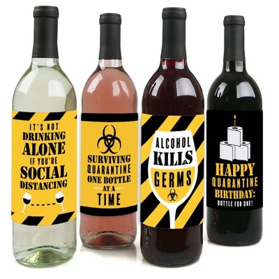 Big Dot of Happiness Happy Quarantine Birthday - Social Distancing Party Decorations for Women and Men - Wine Bottle Label Stickers - Set of 4